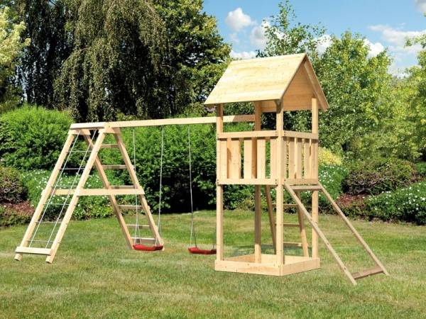 Karibu Spielturm Lotti- Doppelschaukel mit Klettergerüst und Netzrampe Karibu Spielturm Lotti- Doppelschaukel mit Klettergerüst und Netzrampe
