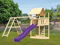Akubi Spielturm Lotti Satteldach + Schiffsanbau oben + Doppelschaukel mit Klettergerüst + Kletterwan