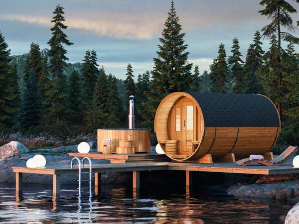 Wolff Finnhaus Saunafass 400 de luxe montiert DS schwarz Anstrich Kiefer Wolff Finnhaus Saunafass 400 de luxe montiert DS schwarz Anstrich Kiefer