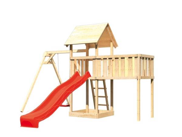 Akubi Spielturm Lotti natur mit Anbauplattform XL, Einzelschaukel und Rutsche rot