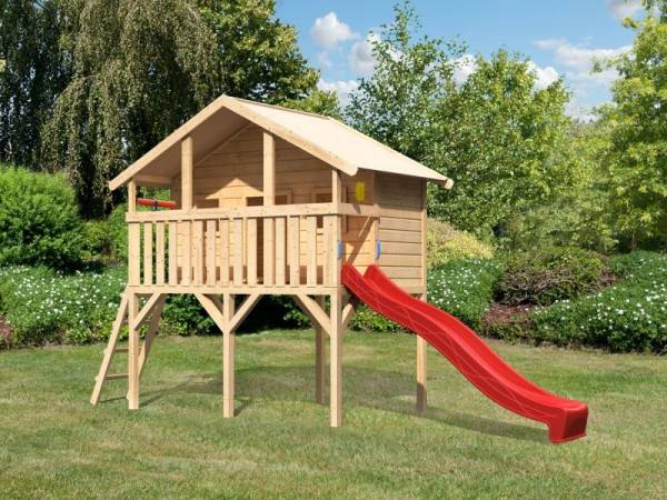 Akubi Spielhaus Sassi mit Rutsche 2,5 m rot und Spielset Akubi Spielhaus Sassi mit Rutsche 2,5 m rot und Spielset