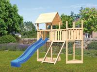 Akubi Spielturm Lotti Satteldach + Schiffsanbau oben + Anbauplattform + Netzrampe + Rutsche in blau