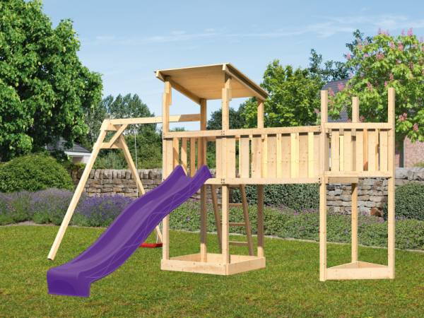 Akubi Spielturm Anna + Rutsche violett + Einzelschaukel + Anbauplattform XL + Schiffsanbau oben