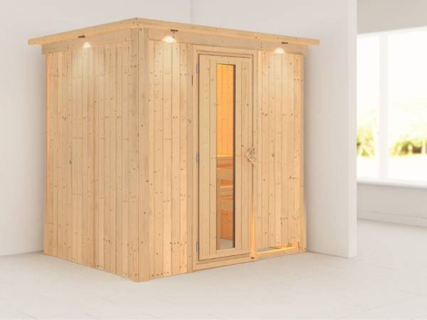 Fanja - Karibu Sauna Plug & Play ohne Ofen - mit Dachkranz - Energiespartür