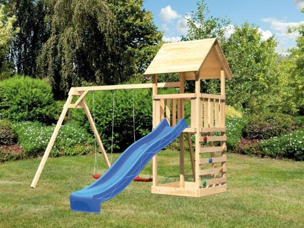 Karibu Spielturm Lotti mit Doppelschaukel, Kletterwand und Rutsche blau Karibu Spielturm Lotti mit Doppelschaukel, Kletterwand und Rutsche blau