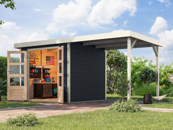 Karibu Hybrid Gartenhaus Jupiter 3 C anthrazit/weiß inkl. 2,35 m Anbaudach
