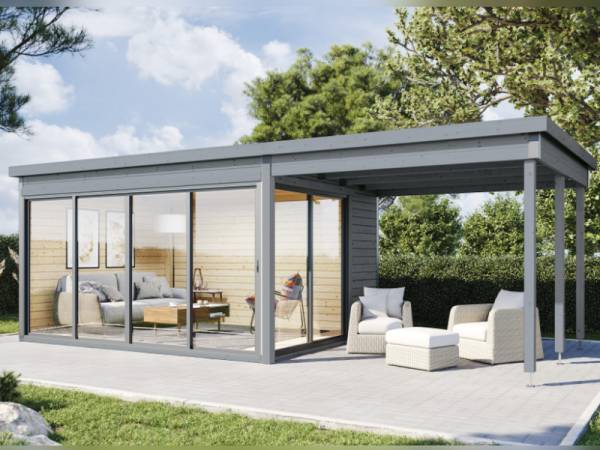 Wolff Finnhaus Pultdachhaus Studio 44-D mit Seitendach in Hellgrau